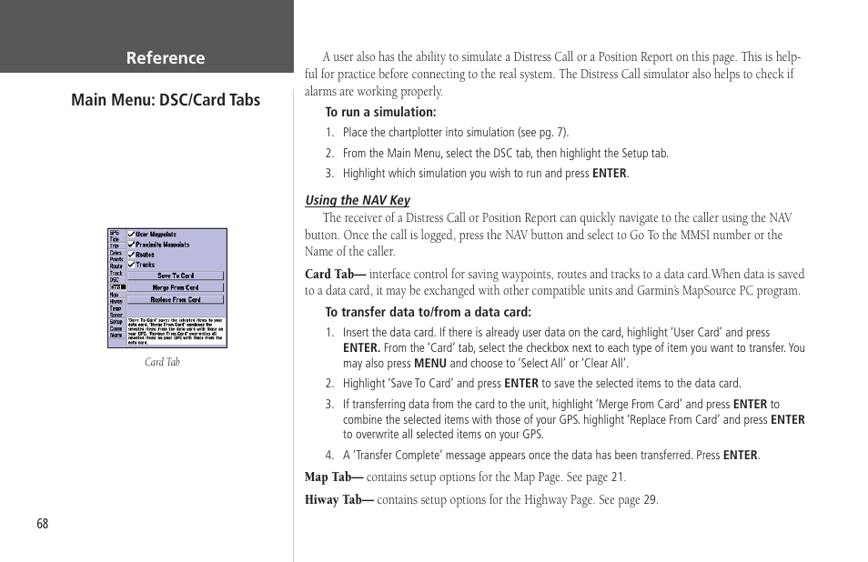 Main menu: dsc/card tabs, Card tabs, Reference | Garmin GPSMAP 172C User Manual | Page 78 / 110