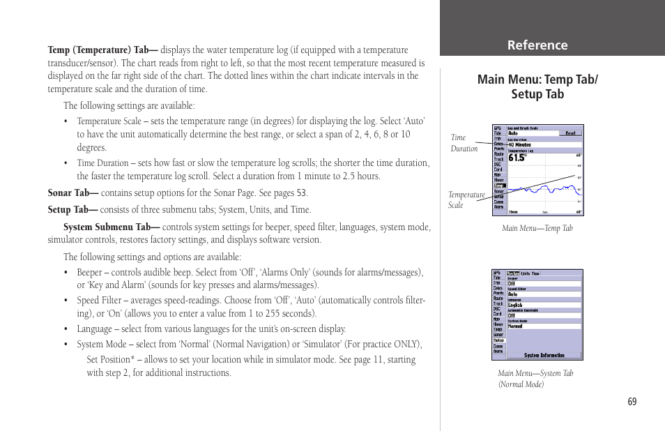 Main menu: temp tab/setup tab, Temp tab | Garmin GPSMAP 172C User Manual | Page 79 / 110