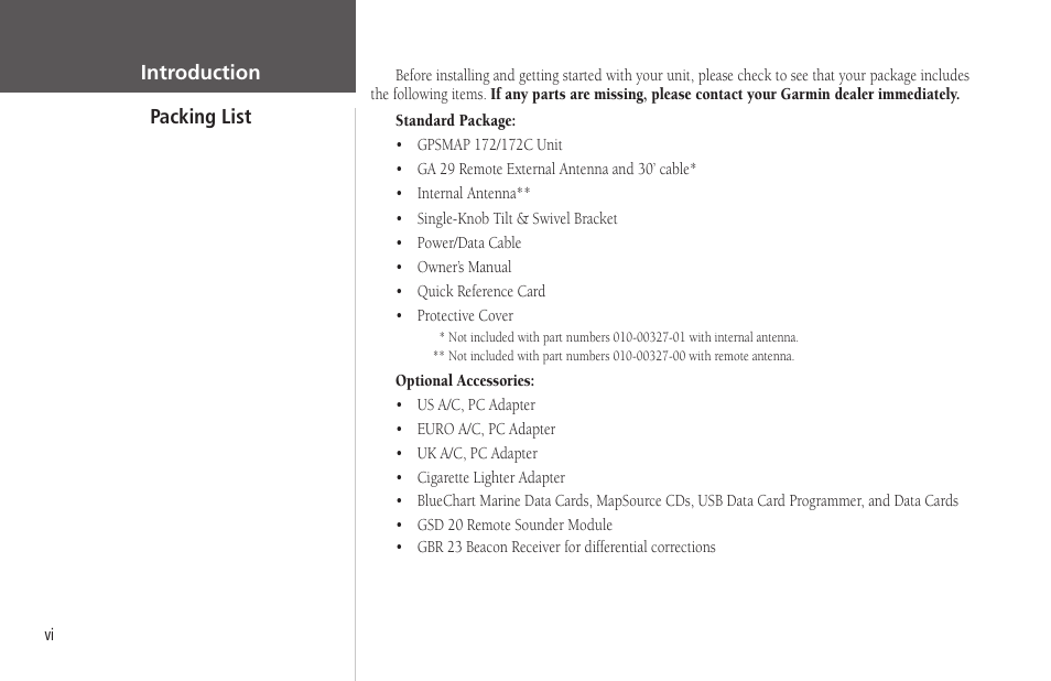 Packing list, Packing list introduction | Garmin GPSMAP 172C User Manual | Page 8 / 110
