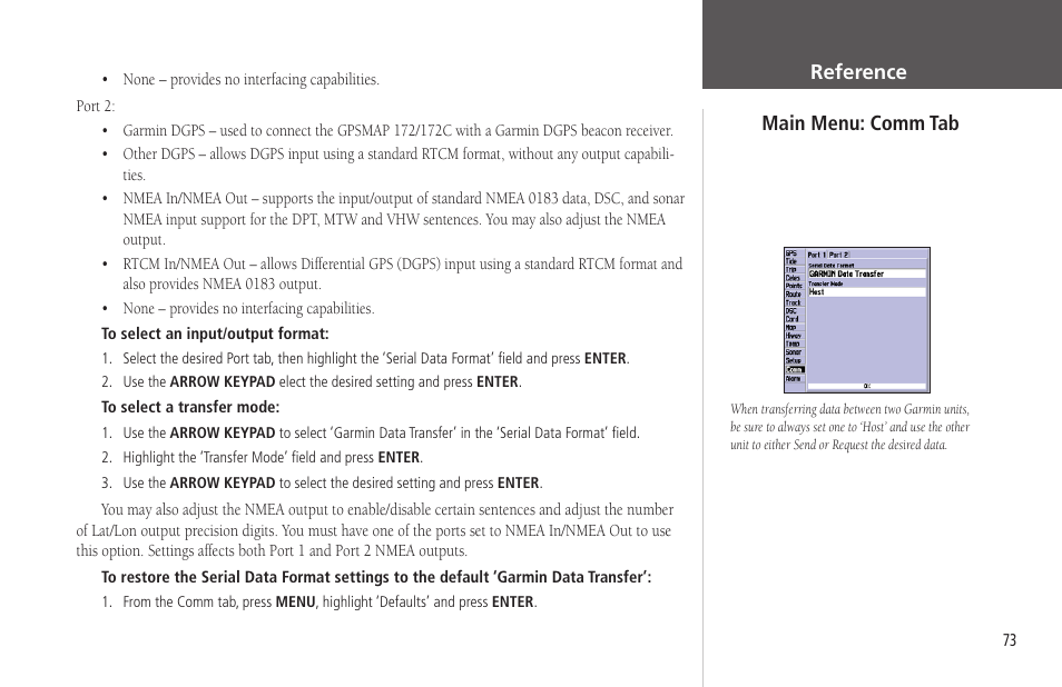 Main menu: comm tab, Comm tab, Reference | Garmin GPSMAP 172C User Manual | Page 83 / 110