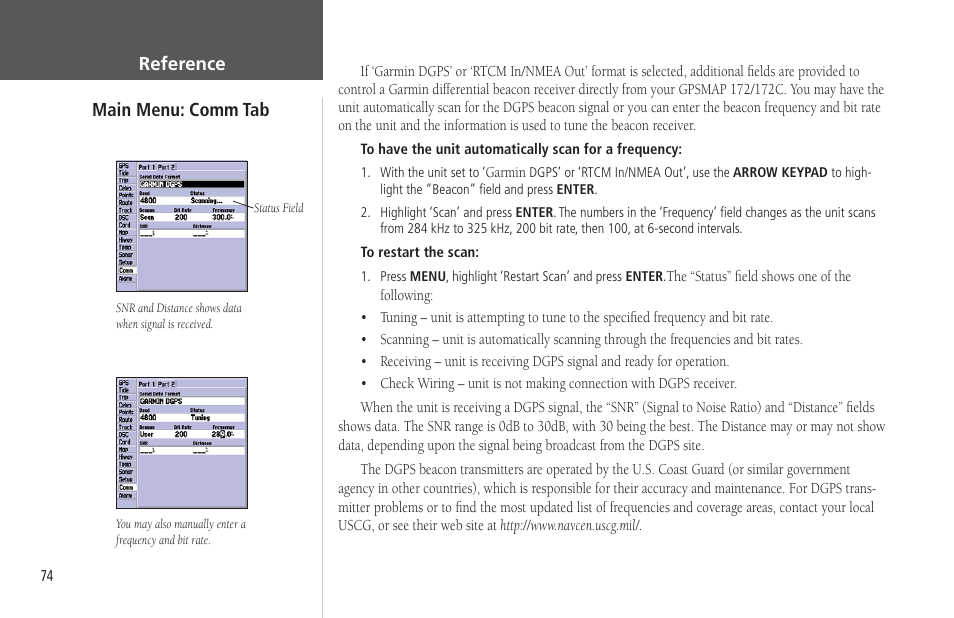 Main menu: comm tab, Reference | Garmin GPSMAP 172C User Manual | Page 84 / 110