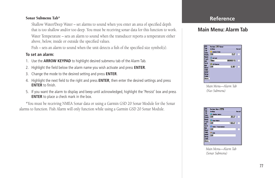 Main menu: alarm tab, Alarm tab, Reference | Garmin GPSMAP 172C User Manual | Page 87 / 110