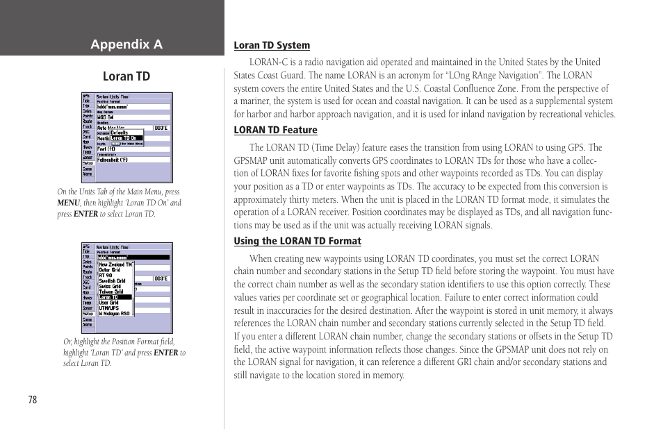 Appendix a, Appendix a: loran td | Garmin GPSMAP 172C User Manual | Page 88 / 110