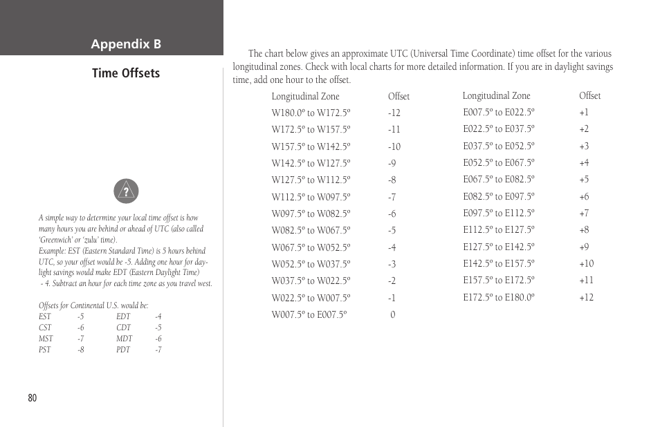 Appendix b, Appendix b: time offsets | Garmin GPSMAP 172C User Manual | Page 90 / 110