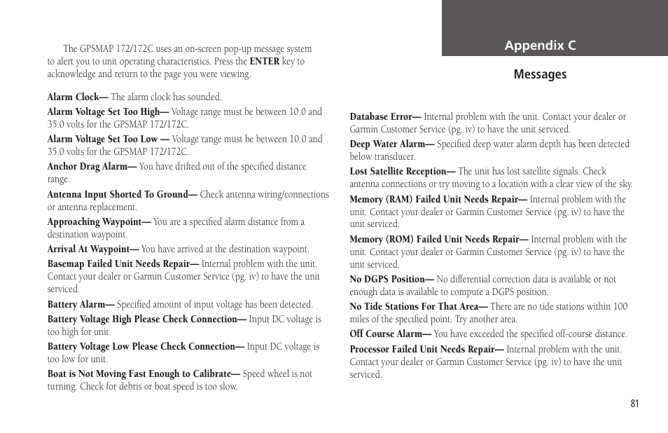 Appendix c, Appendix c: messages | Garmin GPSMAP 172C User Manual | Page 91 / 110