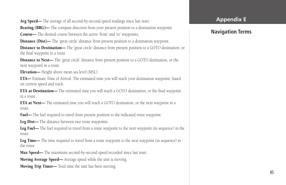 Appendix e, Appendix e: navigation terms | Garmin GPSMAP 172C User Manual | Page 95 / 110