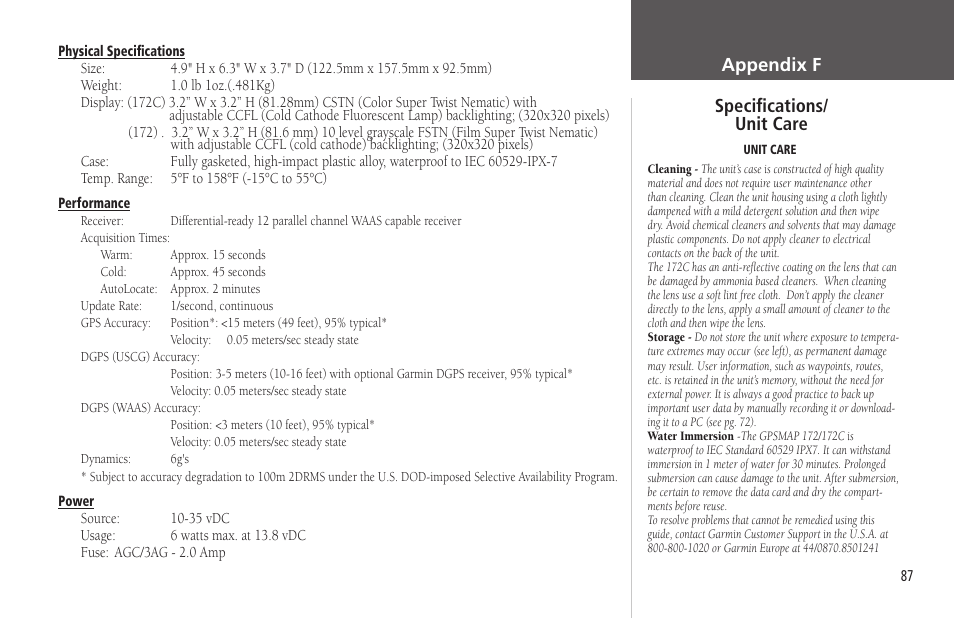 Appendix f, Appendix f: specifications/unit care, Appendix f specifications/ unit care | Garmin GPSMAP 172C User Manual | Page 97 / 110