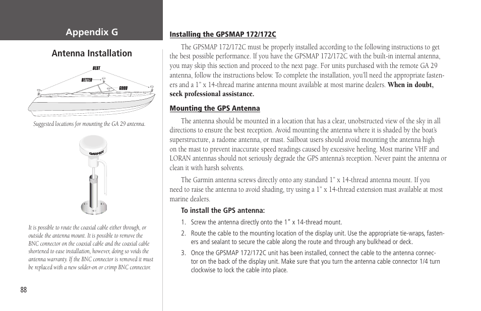 Appendix g antenna installation | Garmin GPSMAP 172C User Manual | Page 98 / 110