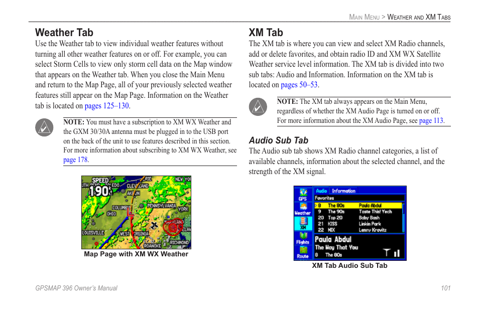 Weather tab, Xm tab | Garmin GPSMAP 396 User Manual | Page 109 / 192