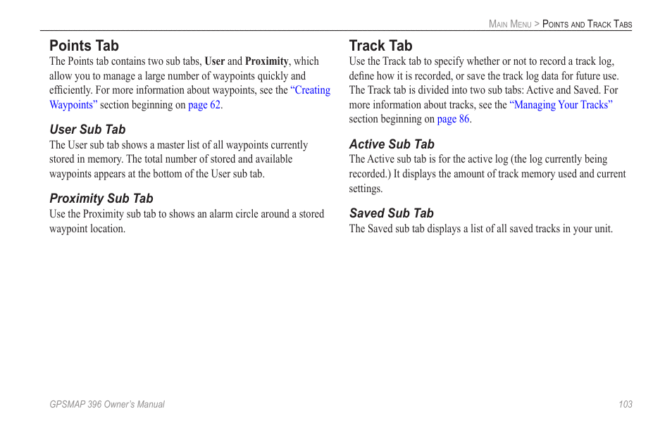 Points tab, Track tab | Garmin GPSMAP 396 User Manual | Page 111 / 192