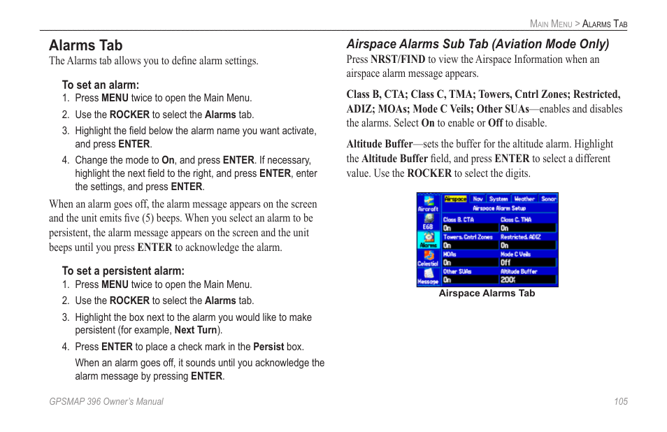 Alarms tab | Garmin GPSMAP 396 User Manual | Page 113 / 192