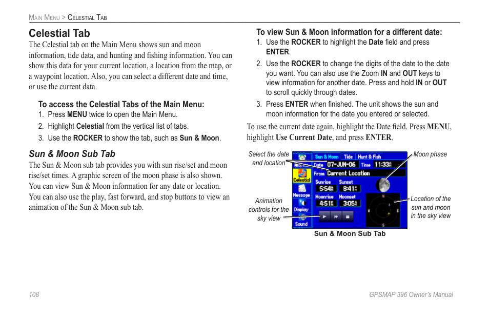 Celestial tab | Garmin GPSMAP 396 User Manual | Page 116 / 192