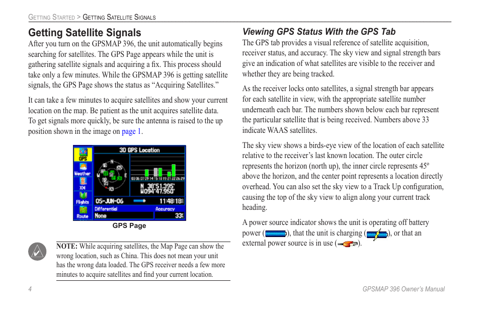 Getting satellite signals | Garmin GPSMAP 396 User Manual | Page 12 / 192
