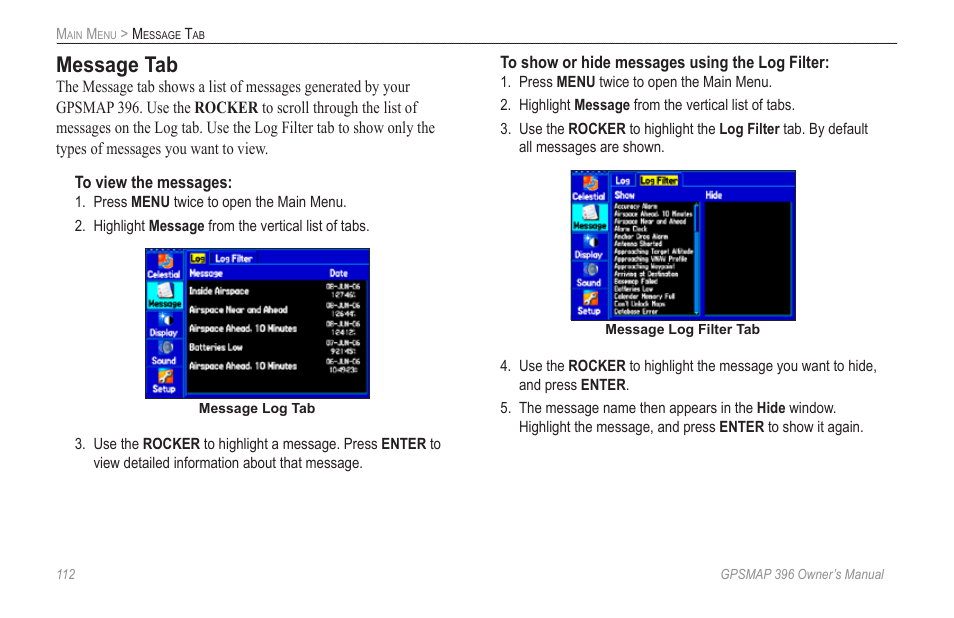 Message tab | Garmin GPSMAP 396 User Manual | Page 120 / 192