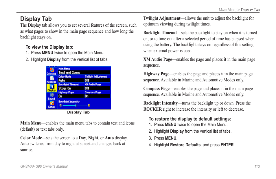 Display tab | Garmin GPSMAP 396 User Manual | Page 121 / 192