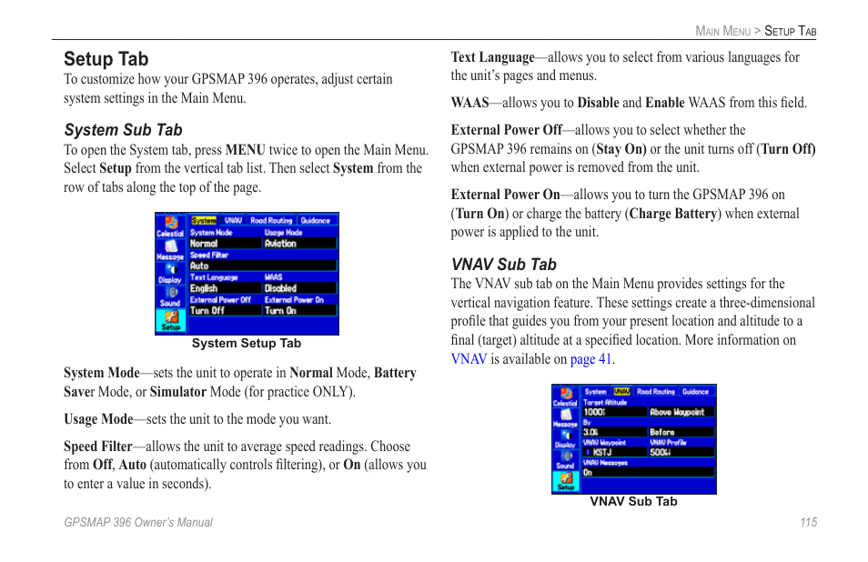 Setup tab | Garmin GPSMAP 396 User Manual | Page 123 / 192