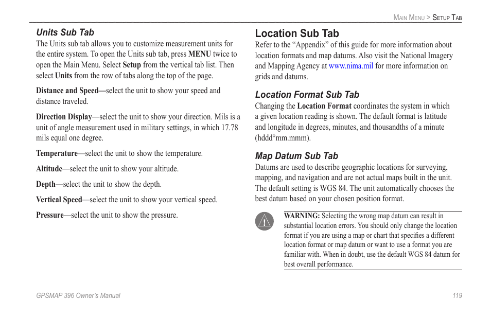 Location sub tab | Garmin GPSMAP 396 User Manual | Page 127 / 192
