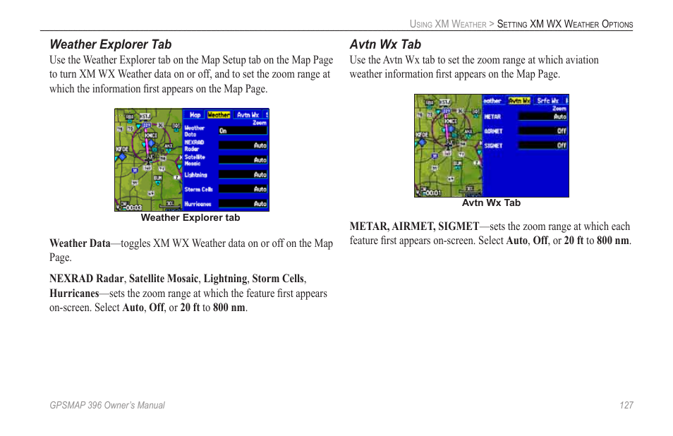 Weather explorer tab, Avtn wx tab | Garmin GPSMAP 396 User Manual | Page 135 / 192