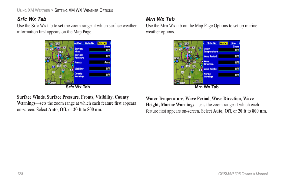 Srfc wx tab, Mrn wx tab | Garmin GPSMAP 396 User Manual | Page 136 / 192
