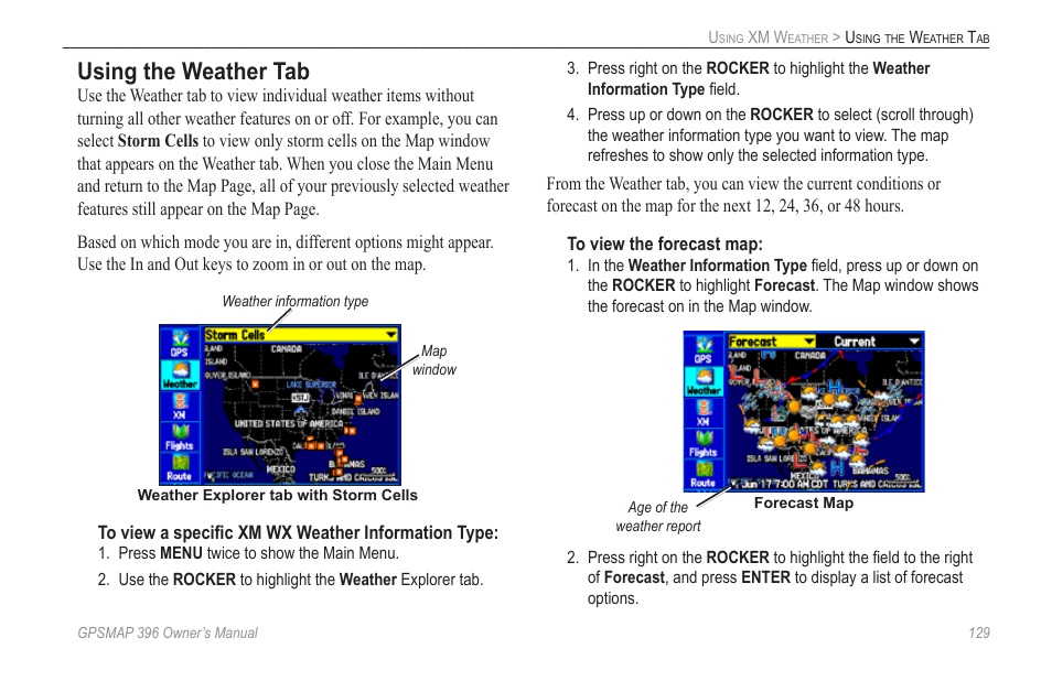 Using the weather tab | Garmin GPSMAP 396 User Manual | Page 137 / 192