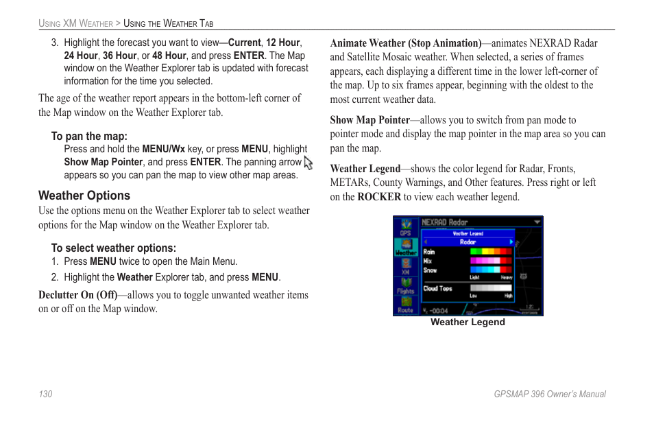 Weather options | Garmin GPSMAP 396 User Manual | Page 138 / 192