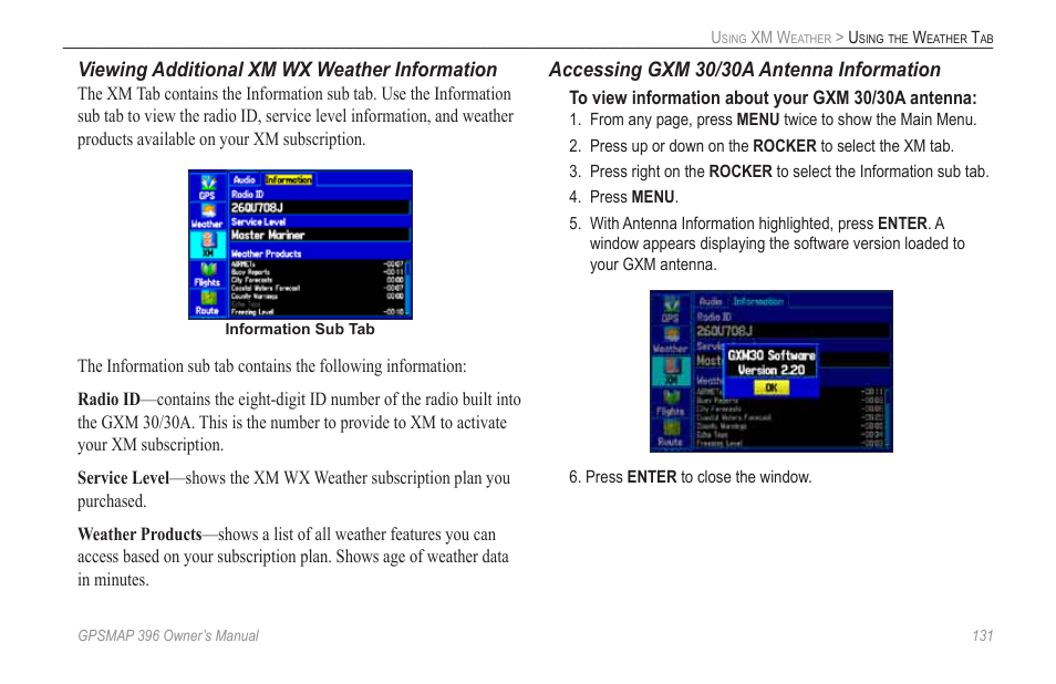 Viewing additional xm wx weather information, Accessing gxm 30/30a antenna information | Garmin GPSMAP 396 User Manual | Page 139 / 192
