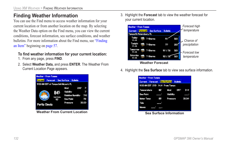 Finding weather information | Garmin GPSMAP 396 User Manual | Page 140 / 192