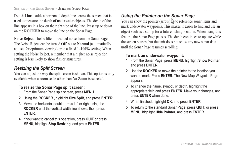 Resizing the split screen, Using the pointer on the sonar page | Garmin GPSMAP 396 User Manual | Page 146 / 192