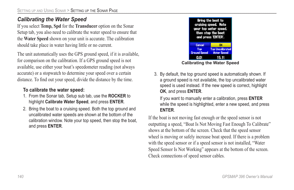 Calibrating the water speed | Garmin GPSMAP 396 User Manual | Page 148 / 192