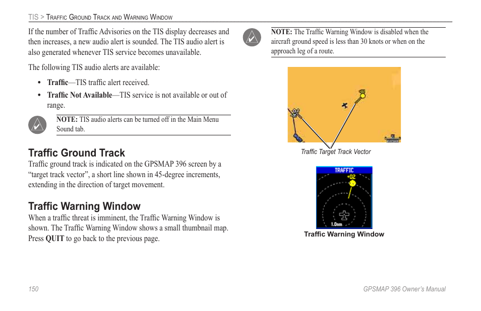 Traffic ground track, Traffic warning window | Garmin GPSMAP 396 User Manual | Page 158 / 192