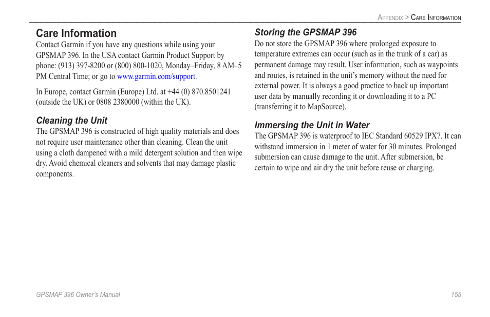 Care information | Garmin GPSMAP 396 User Manual | Page 163 / 192