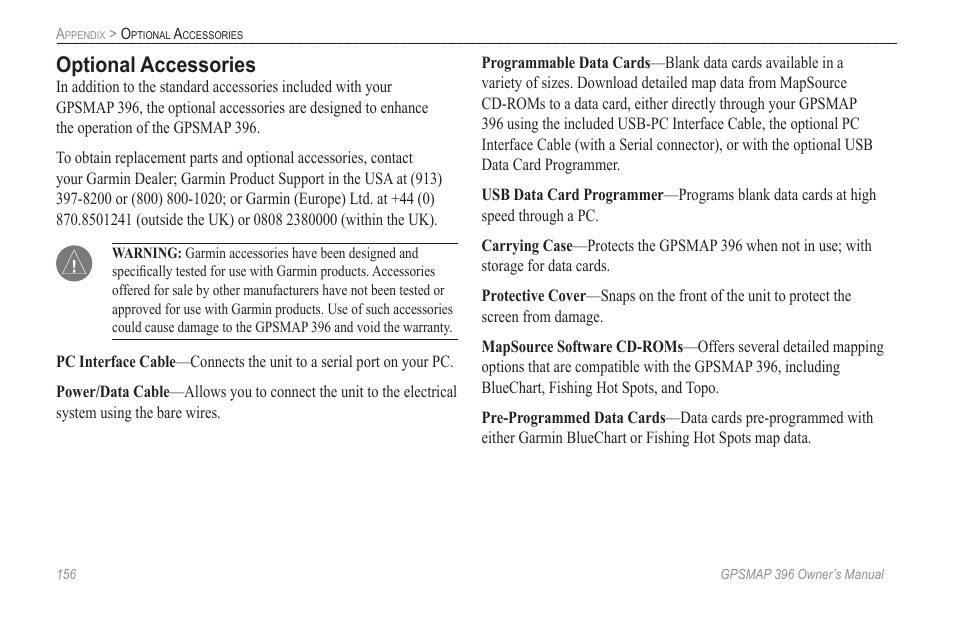 Optional accessories | Garmin GPSMAP 396 User Manual | Page 164 / 192