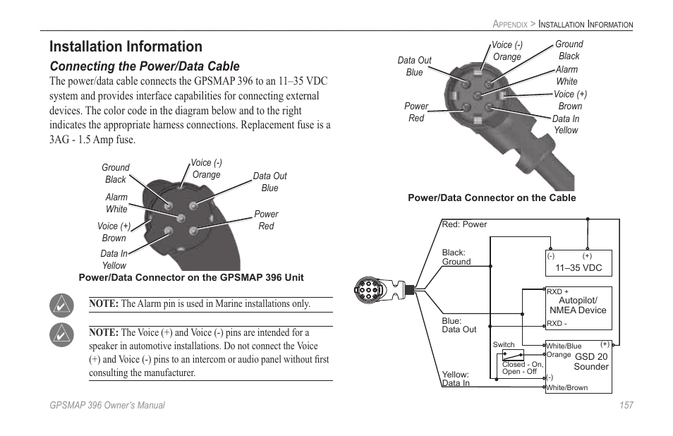 Installation information, Report. for connection information, refer to, Connecting the power | And data cable, Connecting the power/data cable | Garmin GPSMAP 396 User Manual | Page 165 / 192