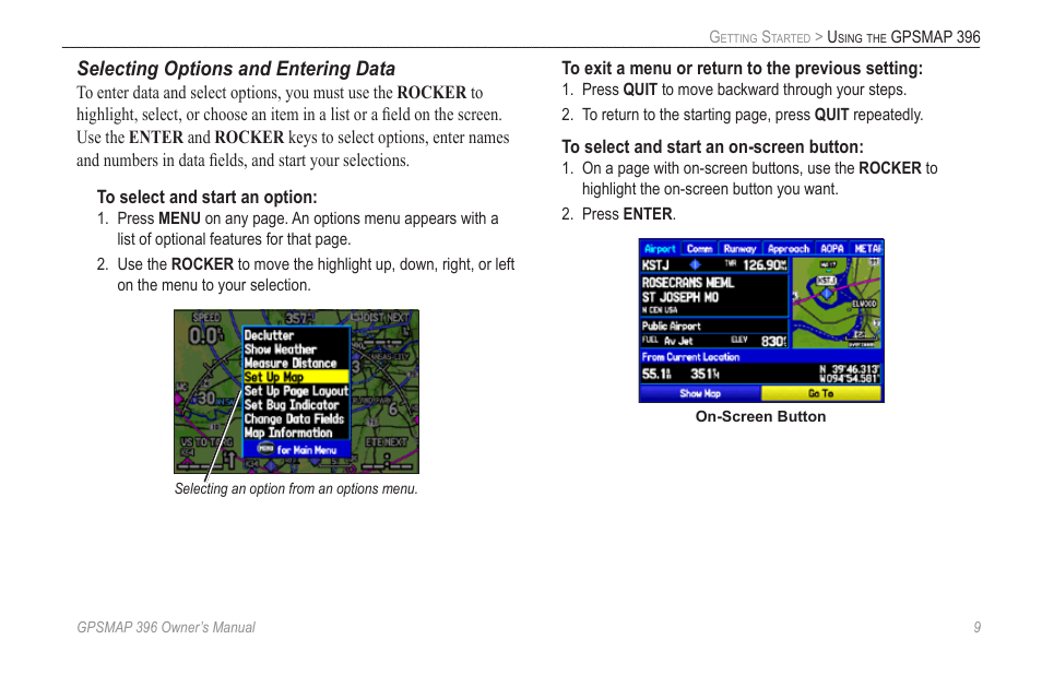 Selecting options and entering data | Garmin GPSMAP 396 User Manual | Page 17 / 192