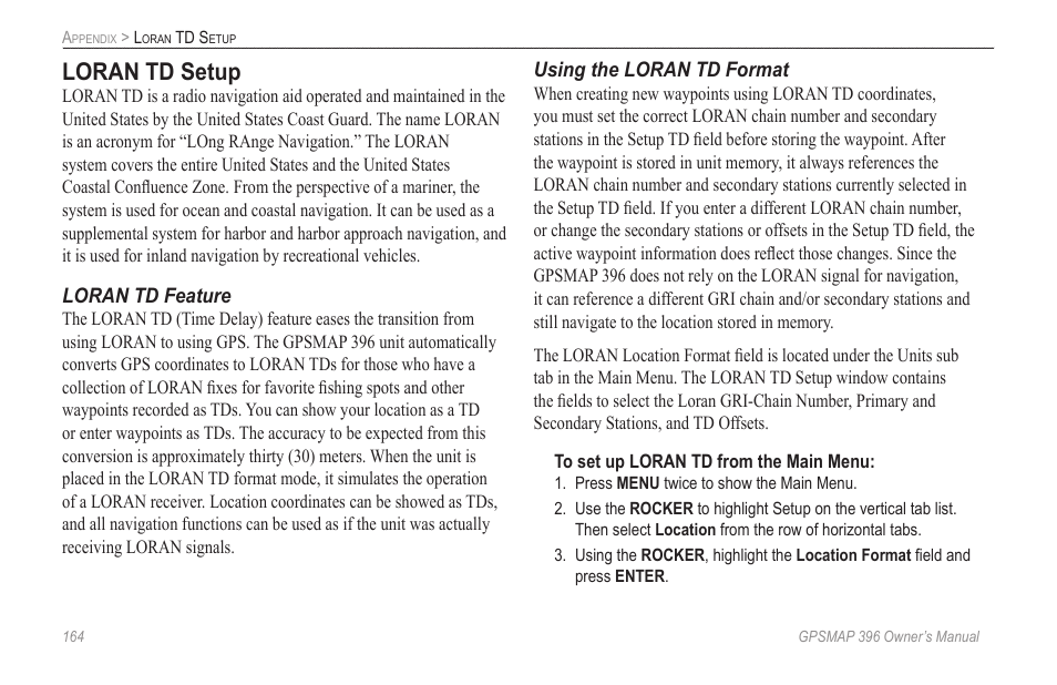 Loran td setup | Garmin GPSMAP 396 User Manual | Page 172 / 192