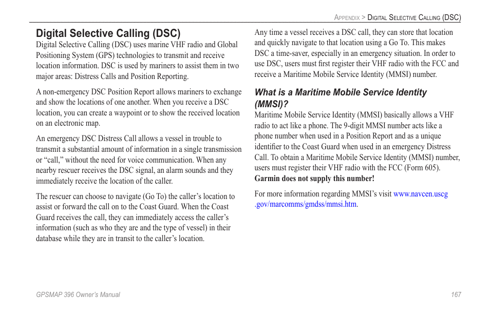 Digital selective calling (dsc) | Garmin GPSMAP 396 User Manual | Page 175 / 192