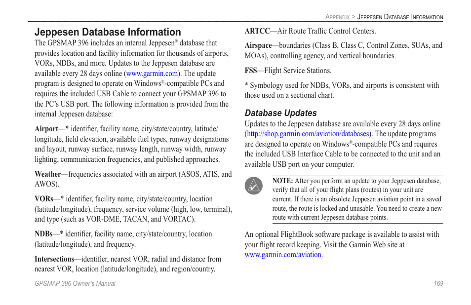 Jeppesen database information | Garmin GPSMAP 396 User Manual | Page 177 / 192