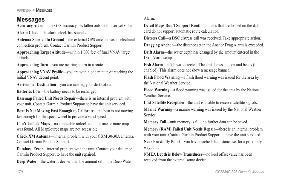 Messages | Garmin GPSMAP 396 User Manual | Page 178 / 192