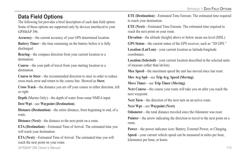 Data field options | Garmin GPSMAP 396 User Manual | Page 181 / 192