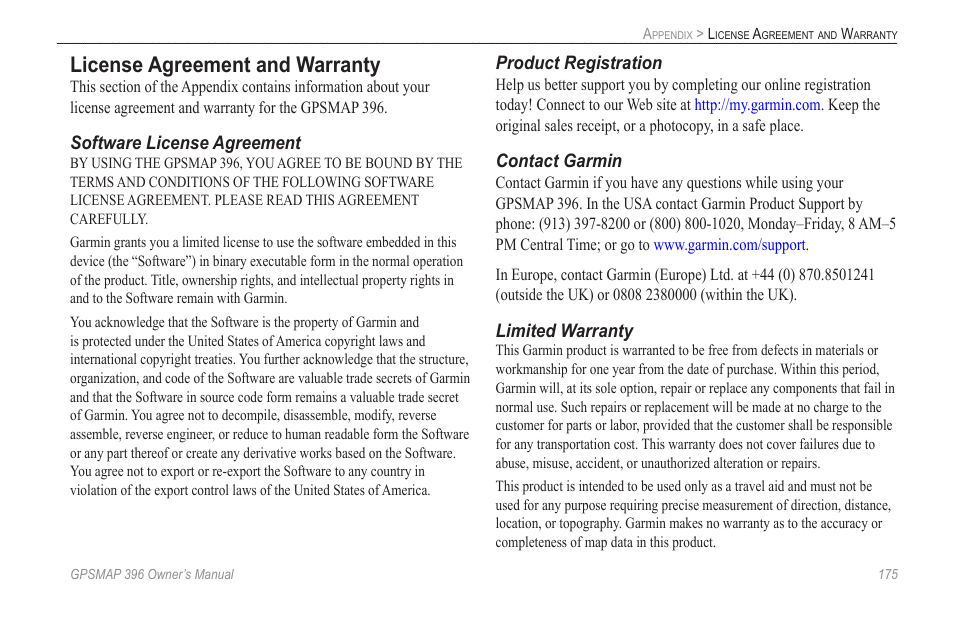 License agreement and warranty | Garmin GPSMAP 396 User Manual | Page 183 / 192