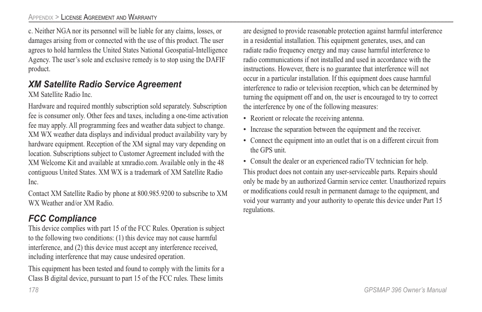 Xm satellite radio service agreement, Fcc compliance | Garmin GPSMAP 396 User Manual | Page 186 / 192