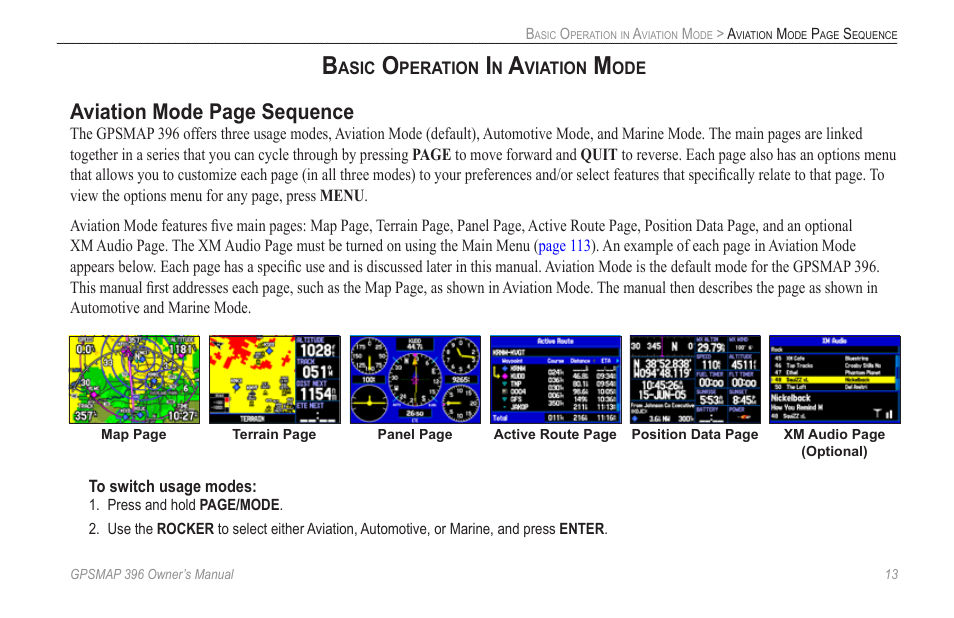 Basic operation in aviation mode, Aviation mode page sequence | Garmin GPSMAP 396 User Manual | Page 21 / 192