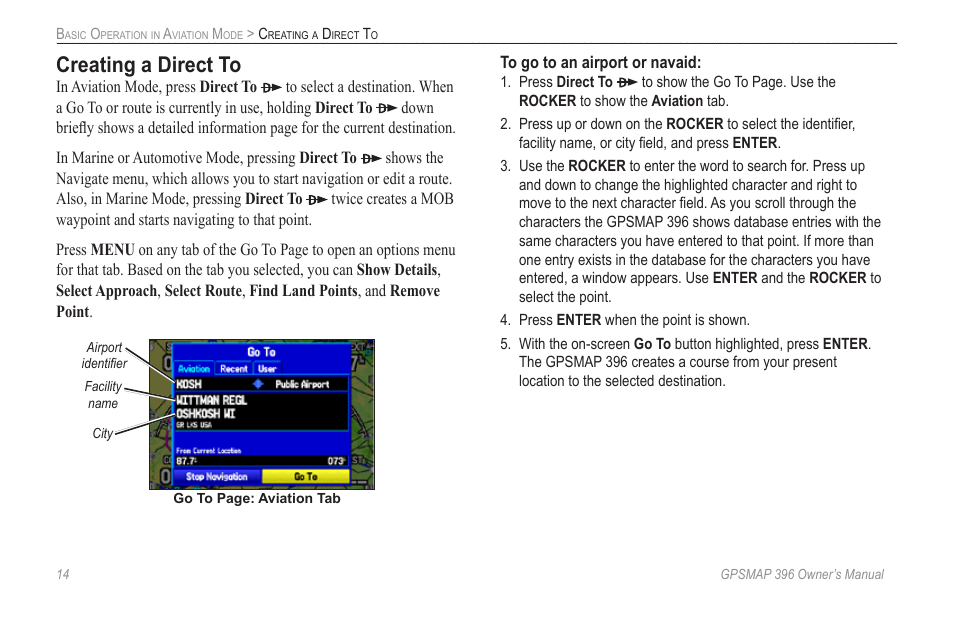 Creating a direct to | Garmin GPSMAP 396 User Manual | Page 22 / 192