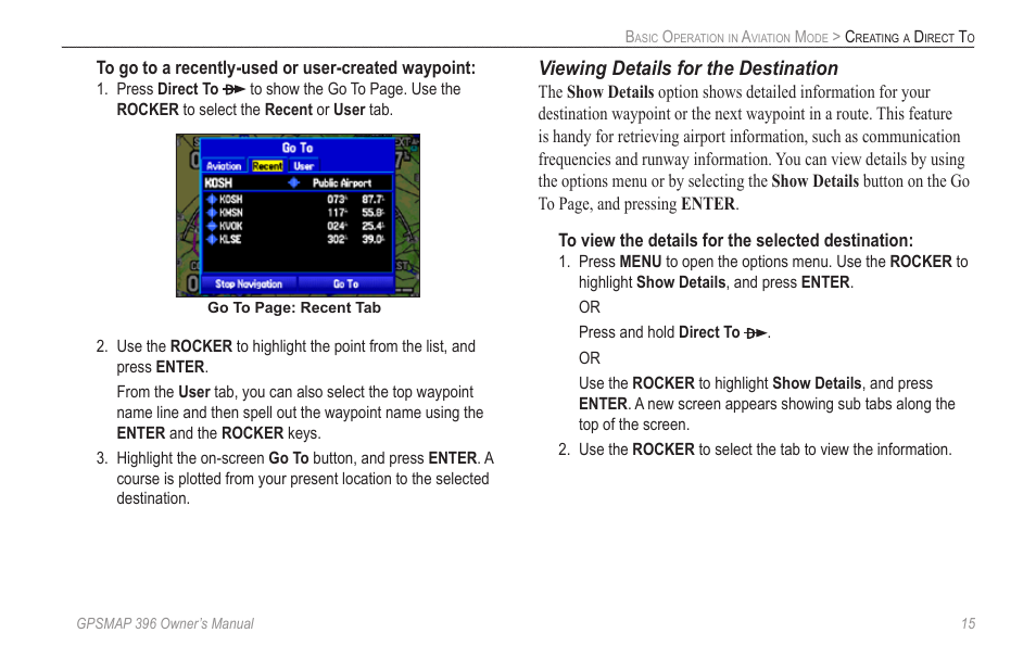 Viewing details for the destination | Garmin GPSMAP 396 User Manual | Page 23 / 192