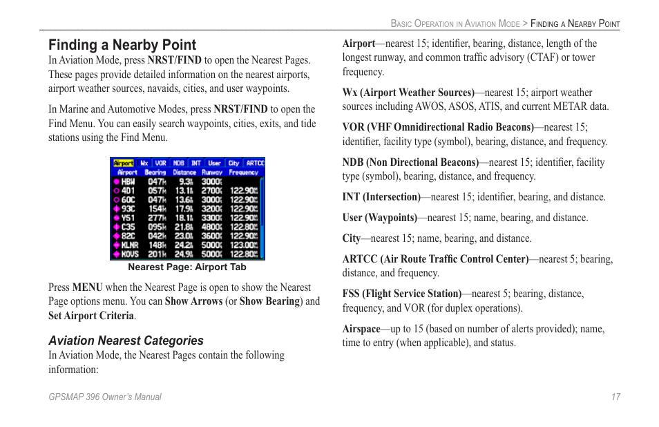 Finding a nearby point, Aviation nearest categories | Garmin GPSMAP 396 User Manual | Page 25 / 192