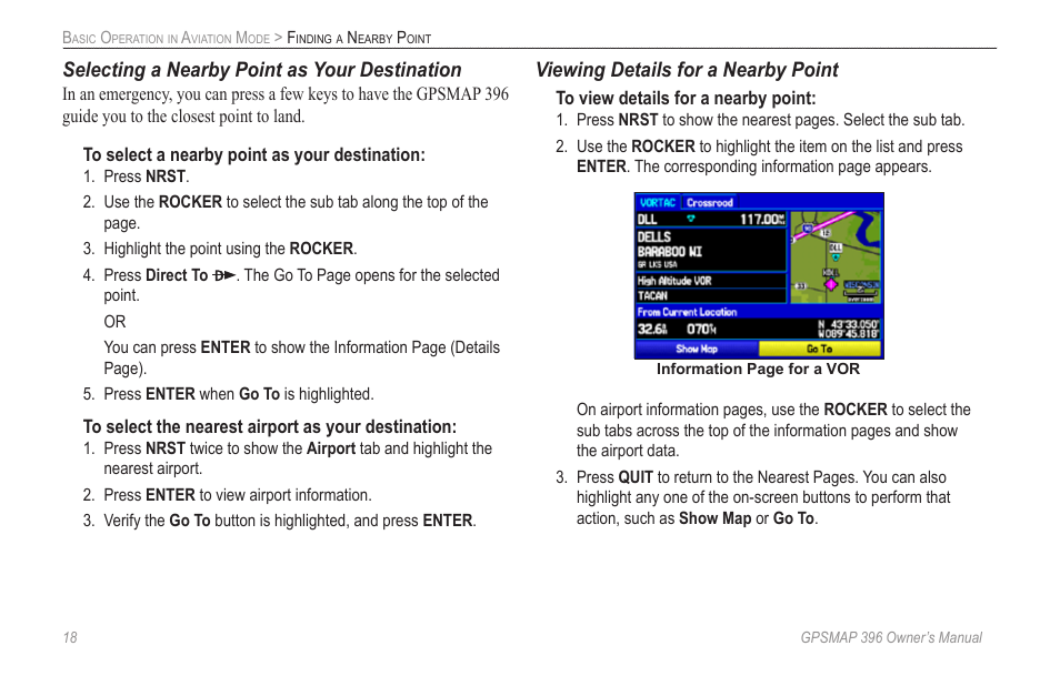 Selecting a nearby point as your destination, Viewing details for a nearby point | Garmin GPSMAP 396 User Manual | Page 26 / 192
