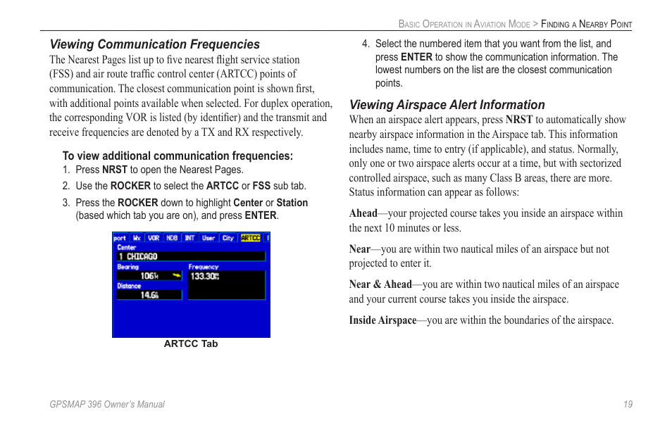 Viewing communication frequencies, Viewing airspace alert information | Garmin GPSMAP 396 User Manual | Page 27 / 192