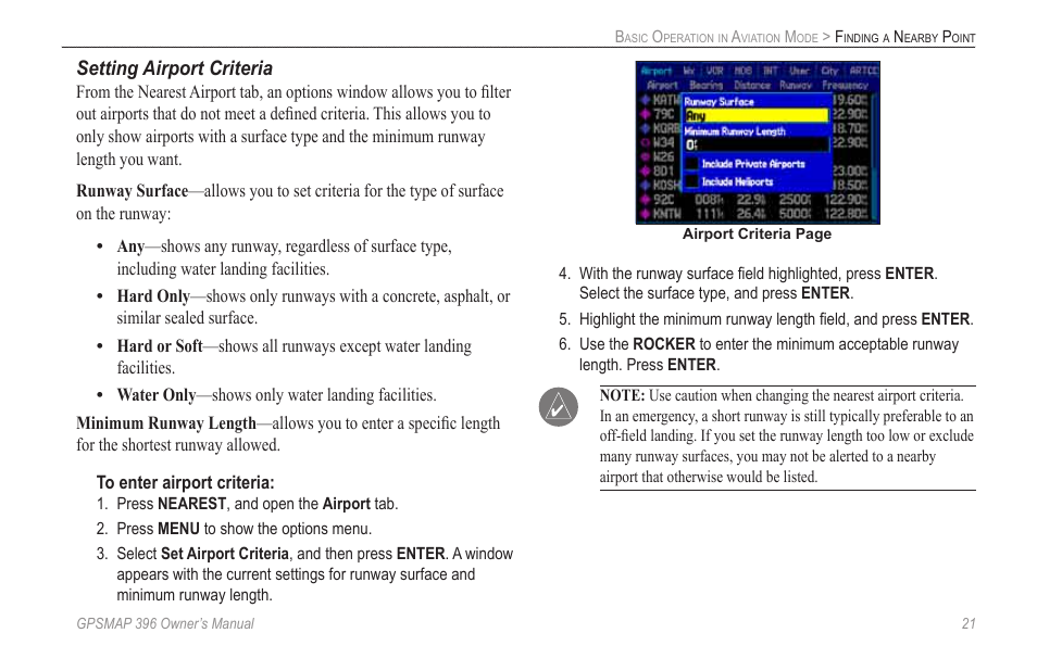 Setting airport criteria | Garmin GPSMAP 396 User Manual | Page 29 / 192