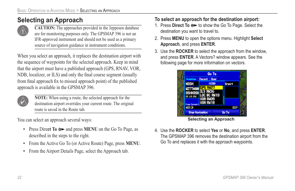 Selecting an approach | Garmin GPSMAP 396 User Manual | Page 30 / 192