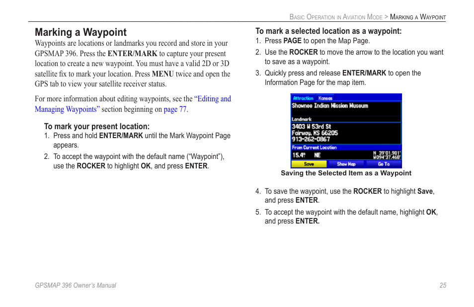 Marking a waypoint | Garmin GPSMAP 396 User Manual | Page 33 / 192